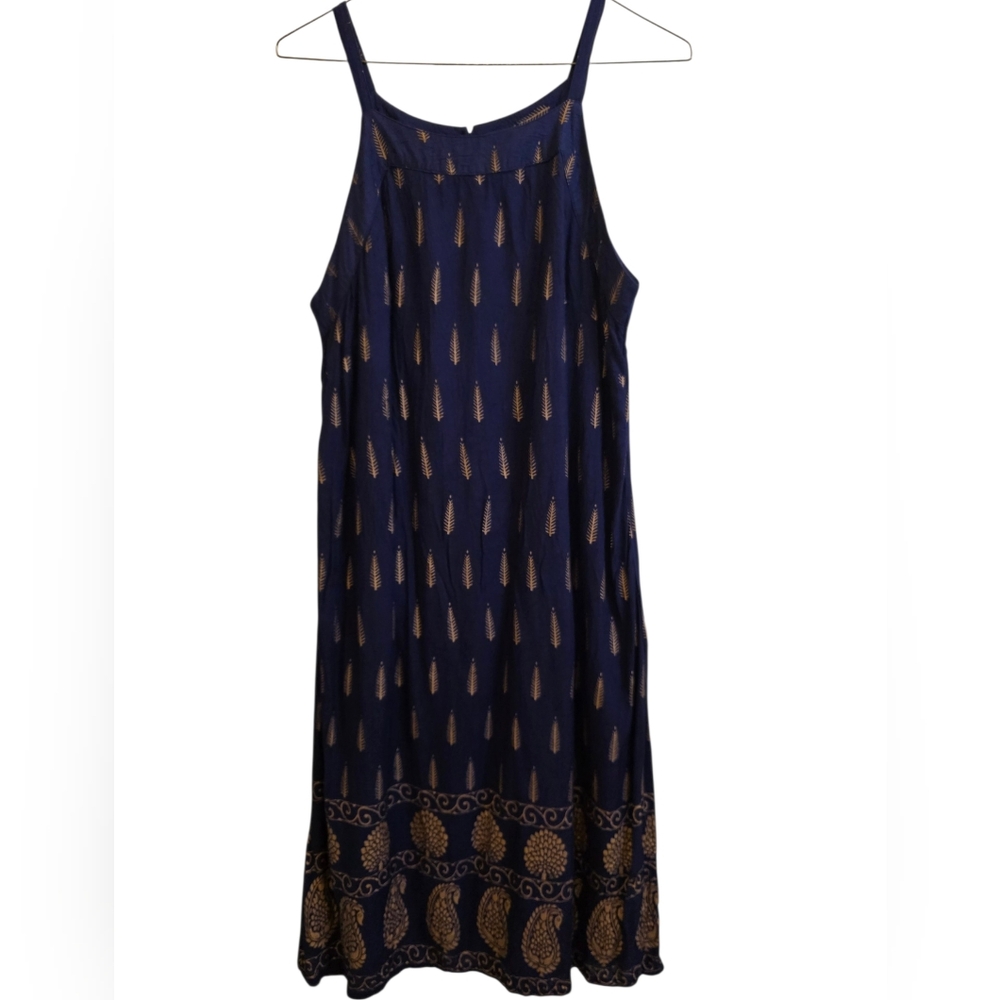 Lapogee Navy & Gold Pattern Bohemian Style Midi Strappy Sundress Size L EUC